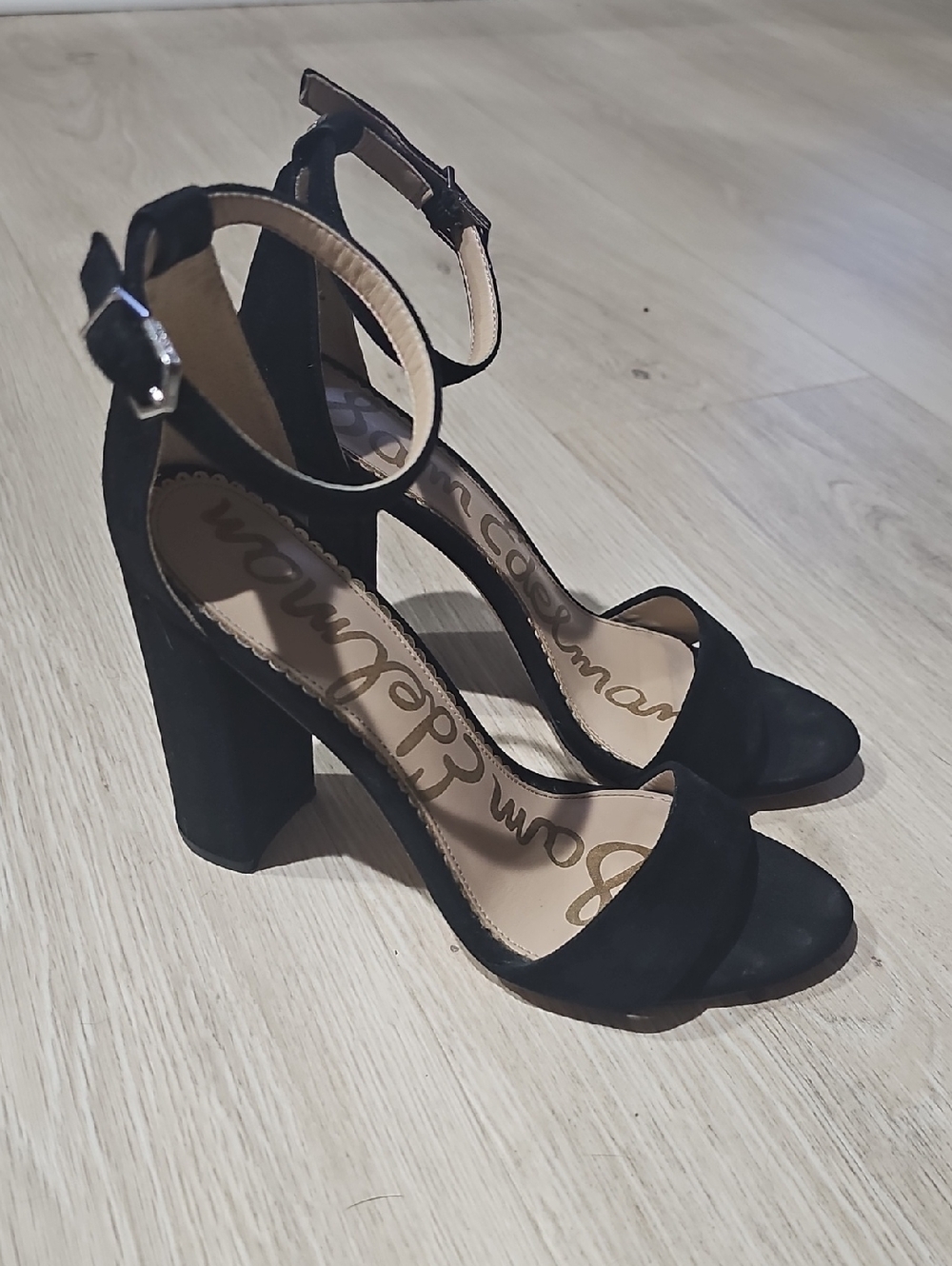 Sam Edelman Black Suede Block Heel Sandals with Ankle Strap